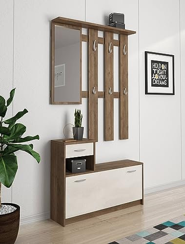 Dmora Ingresso Clint, Entratina Moderna con Specchio, Mobile con scarpiera, Armadietto Multifunzione, 100x25h180 cm, Bianco e Quercia