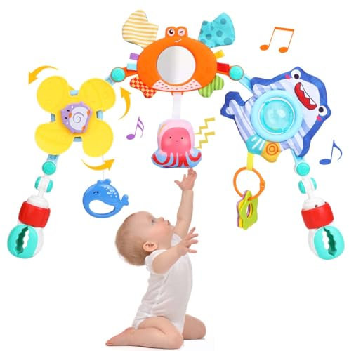 Baby Kinderwagen Bogen Spielzeug, justierbare Autositz Spielzeug mit sensorischem Spielzeug, Aktivität Bogen Reise Montessori Spielzeug für Krippe & Bassinet, 0-24 Monate Jungen und Mädchen