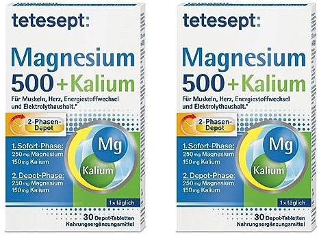 tetesept Magnesium 500 + Kalium – Nahrungsergänzungsmittel mit Magnesium für Muskeln, Herz & Nervensystem – 1 x 30 Tabletten (Packung mit 2)