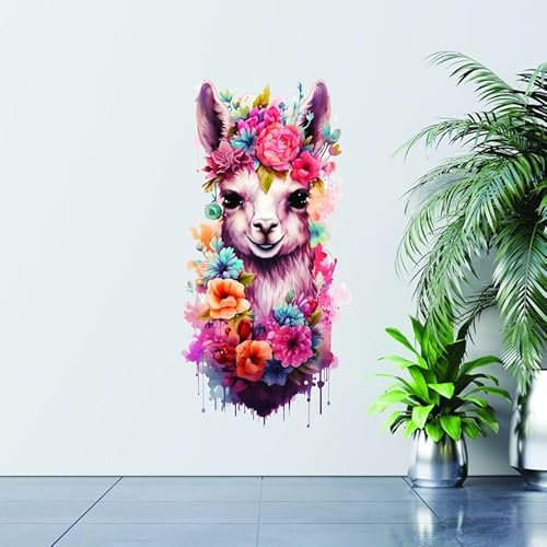 Niedlicher Baby Lama Kinderzimmer Wandtattoo - Alpaka Wandsticker für Kinderzimmer Dekor - Aquarell Lamas Tier in Blumen Lama in vielen Größen erhältlich (100 cm)