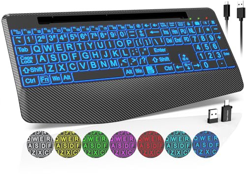 Kabellose Tastatur mit 7 farbigen Hintergrundbeleuchtungen, Handgelenkauflage, Handyhalterung, wiederaufladbare, ergonomische Computer-Tastatur mit leisen Tasten, beleuchtete Tastatur in voller Größe