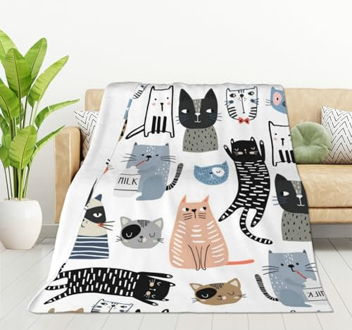 HGOD DESIGNS Niedliche Katzendecke für Damen, leicht, weiches Fleece-Flanell, Überwurfdecke, Katzen und Milchflasche, Sofa, Couch, Wohnzimmer, 130 x 150 cm