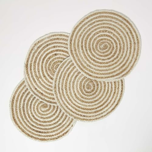 HOMESCAPES 4er-Set Boho Tischsets rund geflochten 40cm, Jute Platzsets creme-natur, Platzmatten Spiral aus Natur-Faser