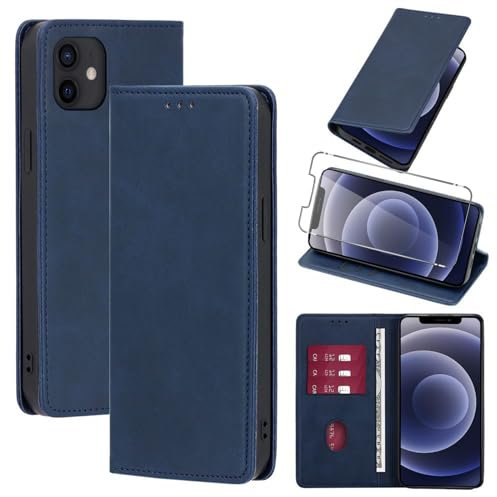 Vauki Funda Cuero para iPhone 11 con 1 Cristal Templado Carcasa PU Tipo Cartera Soporte Tarjetas Case Ranuras Soporte Plegable Tapa Libro Movil Flip Caso para iPhone 11 6.1, Azul
