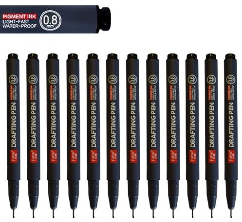 Inqzen 12er Fineliner-Stifte, XXL-Tintenkapazität, Filzstifte, Pigmentliner, Tintenstifte zum Zeichnen, wasserfester Marker, Handwriting-Stift, Skizzierstift (12er Set (0,8mm))