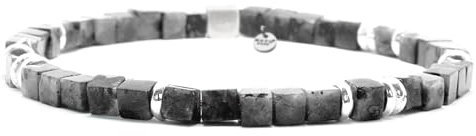 Nato Cuff - Bracelet en Argent 925 - Perles Larvikite en Pierres fines - Bijou Homme ou Femme Artisanal assemblé à la Main en France (Medium 17cm)