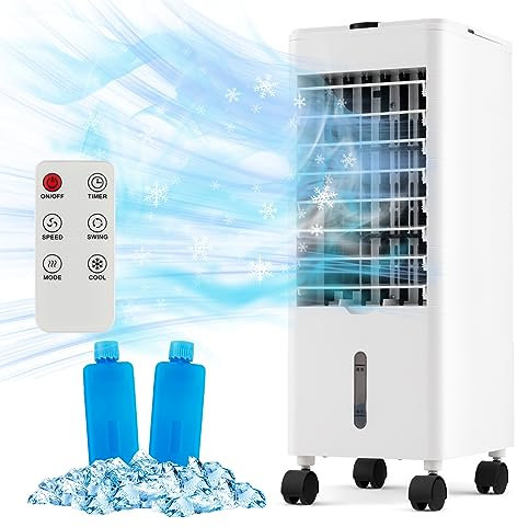 COSTWAY 4 en 1 Climatizador Evaporativo, 60W Enfriador de Aire Portatil, Ventilador con 3 Velocidades, Humidificador, 2 Acumuladores de Frío, 12H Temporizador, 2,8L Tanque de agua y Control Remoto