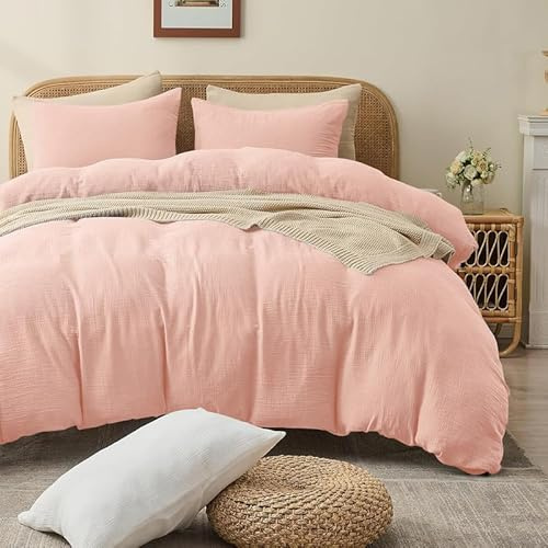Gezu Muslin Bettwäsche 220x240 cm Rosa 100% Baumwolle Muslin Bettwäsche-Sets Leinen Set Bettbezug mit 2Kissenbezüge 80x80cm Sehr Atmungsaktiv Bequem Sommer Bettwäsche mit Reißverschluss