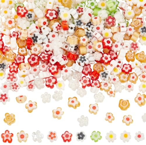 NBEADS 300 Stück Handgemachte Millefiori Blumenperlen, 10 Farben Mini Gänseblümchen Perlen Lampwork Glasperle Blume lose Abstandshalter Perle für DIY-Halskette Armband Ohrring Schmuck Machen