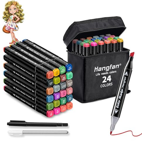 hangfan 24 Colors Alcohol Markers,Pens for Adult Coloring Oily,Permanent Marker Set Perfect for Beginner,Dual Tip Art Markers,Drawing Markers, Sketching, Card Making and Illustration