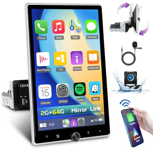[2G+64G] Hikity Autoradio 1 Din Android13 avec Écran Rotatif, avec Carplay sans Fil Android Auto 10,4 Pouces Poste Radio avec GPS Navi Bluetooth WiFi RDS FM MIC Caméra de Recul