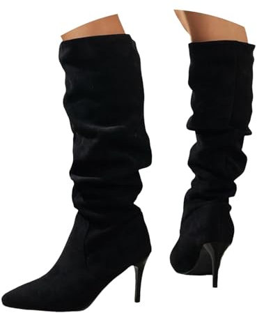 Stivali alti da donna con tacco a spillo e tacco a spillo, a punta, stivali alti invernali con plateau, Nero , 38 EU