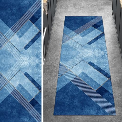 Ymural Teppich Läufer Flur rutschfest Küche 100x250CM Blau Kücheläufer Teppichläufer Lang Modern Meterware Kurzflor Polyester Korridor Schlafzimmer Anpassbar