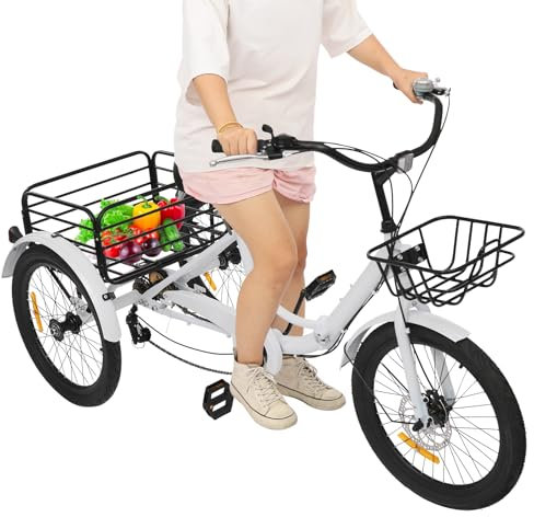 Steeviuzj 20 Zoll Faltbar Dreirad, 7-Gang Dreirad für Erwachsene, Erwachsene 3-Rad Fahrrad Klappbar mit Shopping Korb & Rückenlehne Höhenverstellbar für Erwachsene, Senioren und Anfänger Geeignet