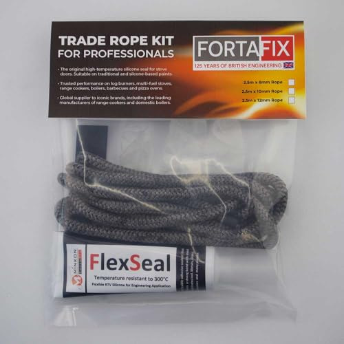 Fortafix Premium Black Stove Rope Kit 12mm x 2.5m - No Door Removal | Extra-Large 75ml High Temperature Flex-Seal Adhesive | UK Made Door Seal for Wood Burning & Multi Fuel Stoves.