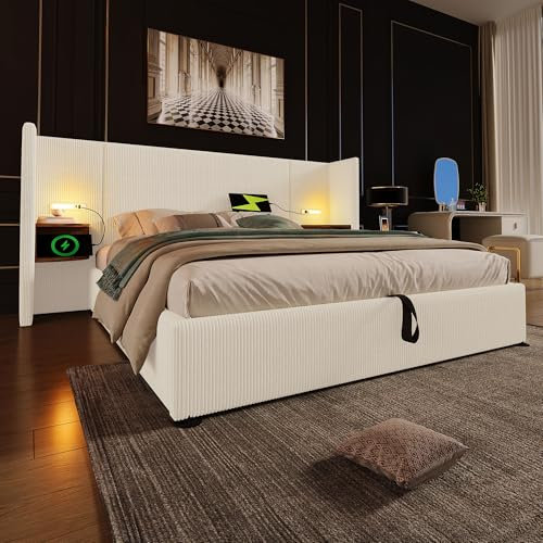SUKY Polsterbett Doppelbett mit Nachttisch, Beige-Weiß, Cordstoff, Leselampe und USB Type-C Ladefunktion, Bettanlage Stauraumbett Bettgestell mit Lattenrost aus Massivholz und Metall (180x200 cm)