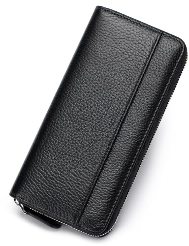 SCHLATUM RFID-blockierende Damen-Geldbörse mit Reißverschluss, Leder, großes Fassungsvermögen, Geldbeutel, Clutch, mit Reißverschluss für Frauen, Schwarz, Modern