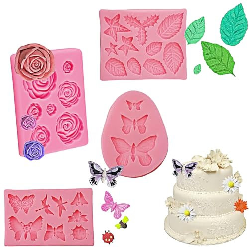 Heanvmyss Flower Silicone Molds for Baking,4 PCS 3D Rose Cake Fondant Molds,Chocolate Candy Mold,Leaf Mould,Icing Moulds,Cake Decoration Mold for Chocolate,Jelly,Soap,DIY Craft