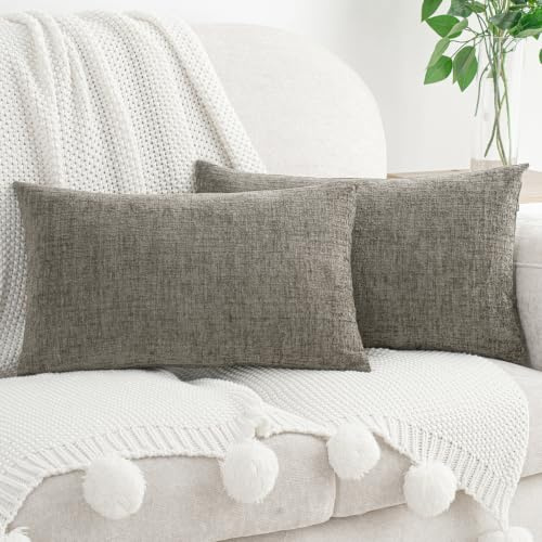 HWY 50 Kissenbezug aus Chenille Luxus Dunkelgrau 30 x 50 cm 2er Set | Weiche, Kuschelige Kissenhülle in Moderner Dekorativer Unifarbe, Zierkissenbezug für Sofa Bett Wohnzimmer Schlafzimmer