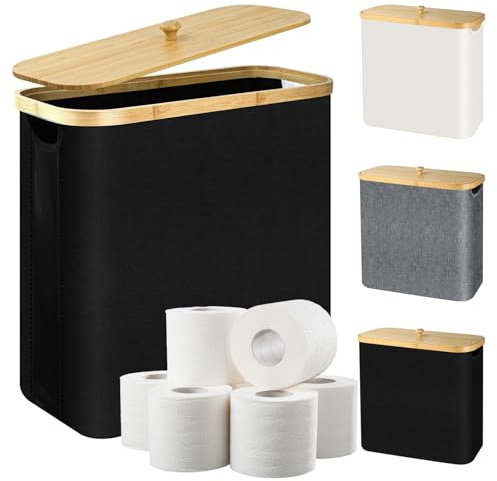 28L Toilettenpapier Aufbewahrung Korb mit Deckel aus Bambus und Griff, Bambus Toilet Paper Organizer Badezimmer Organizer, Klopapier Aufbewahrung für 9-12 Rollen Klopapier, 44 x 18 x 40 cm (Schwarz)