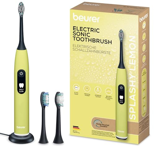Beurer SC 50 Schallzahnbürste, elektrische Zahnbürste mit 5 Putzmodi & Andrucksensor, 80.000 Schwingungen, Display mit Putzdauer-Anzeige, inkl. 2 Aufsteckbürsten (Splashy Lemon)