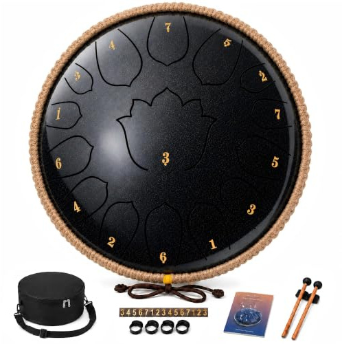 BETESINE 13 Zoll 15-Note Steel Tongue Drum C-Dur Starry Black | Anfänger-Set mit Schlägeln, Notenheft, Notenetiketten und Tragetasche zum Üben, Meditation, Yoga und Verschenken