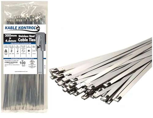 Kable Kontrol 100 Pcs Metal Cable Ties 300 mm x 4.6 mm, 12 Self Locking Stainless Steel Zip Tie 304 Steel Wrap, for Industrial and Home Use