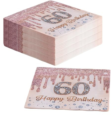 Servietten 60. geburtstag, 60 Stück Rose-Gold Servietten, Happy Birthday 60 Servietten, 2-Lagig Milestone 60 Tischdekoration Papierservietten für Frau Geburtstag Feiern Party Jubiläum