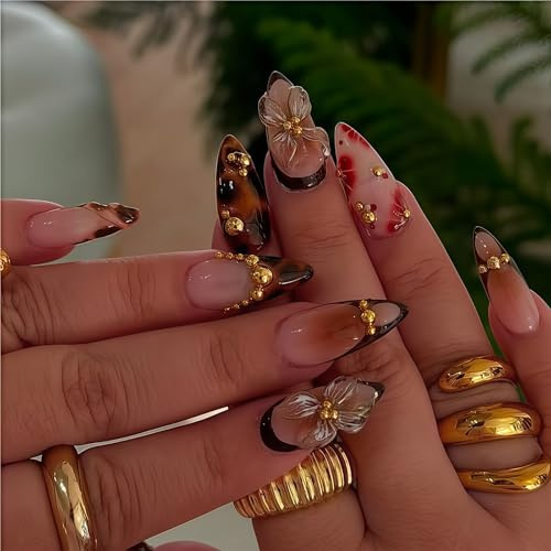 24 Stück Press On Nails, Fake Nägel, 3D Blumen Schildpatt Farbverlauf Design, Handgemachte Press On Nägel für Frauen, Mädchen bei Partys, Herbst (Mandelform)