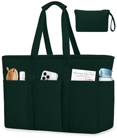 LUROON Cord Tasche Damen Groß Tote Bag Handtasche Damen mit Reißverschluss, Umhängetasche Strandtasche mit Mehrere Taschen, Elegant Shopper Tasche Handtasche für Arbeit Schule Reisen