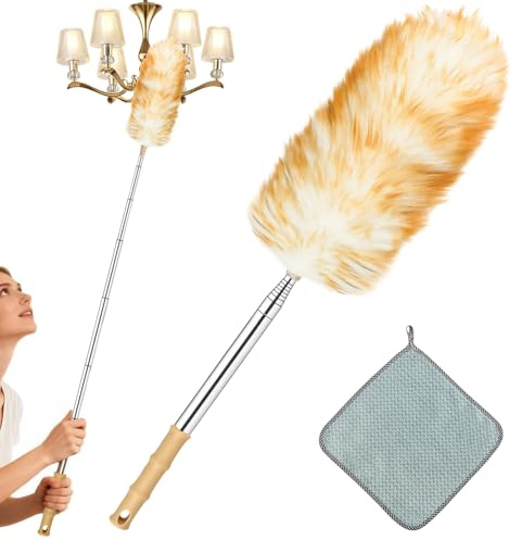Extendable Dusters for Cleaning, 2.4 m Long Handled Duster with Hanging Cleaning Cloth, Stainless Steel Extension, Durable Lambswool Duster for High Ceilings Lights, Home, Office and Car