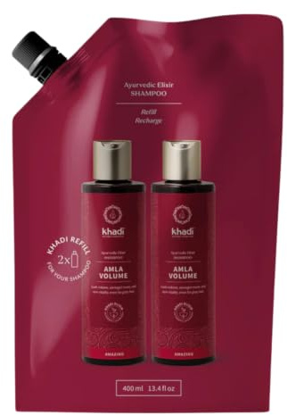 khadi Amla Volume Shampoo Refill für feines, kraftloses Haar, 400 ml | Nachfüllbeutel: stärkt Haarwurzeln, fördert Haarwachstum, Melanin & Volumen, 100% zertifizierte Naturkosmetik