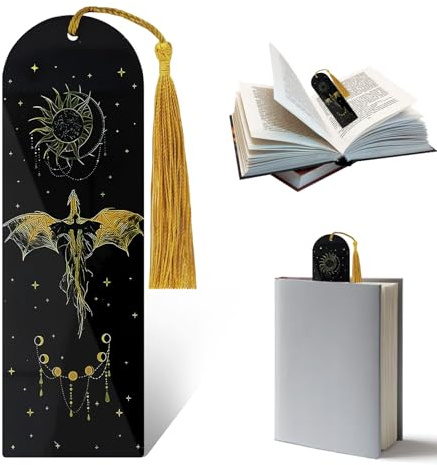 Schwarze Goldene Drachen Lesezeichen mit Quasten Dragon Bookmark Fantasy Doppelseitiges Acryl Lesezeichen mit Sonne Mond Sternen Drachen Geschenk für für Bücher, Leser, Studenten und Büro