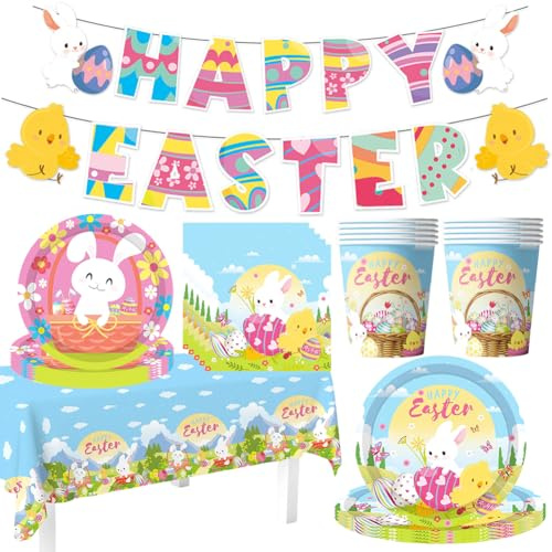 52Pcs Easter Paper Tableware Set JynxtoyZeal Happy Easter Party Tableware Happy Easter's Party Decoration Including Banner,Tablecloth, Paper Plates, Cups, Napkins, 10 Guests