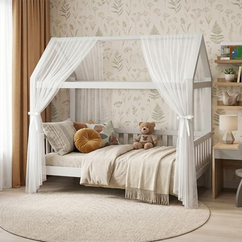 RANJIMA Hausbett Himmel Set, 2 Stück Betthimmel Hausbett für Hausbett Deko | Stoffhimmel für Hausbetten Mädchen Jungen Weich und atmungsaktiv Baldachin Kinderbett Kinderzimmer Deko, 150 x 350 cm Weiß