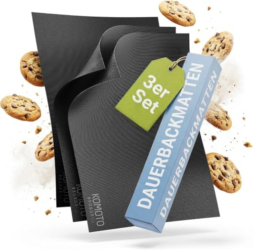 XL Dauerbackfolie für Backofen (3er Pack) - Backpapier wiederverwendbar - Backmatte geeignet für Elektro- und Gasbackofen, antihaftbeschichtet - Kein BPA. Kein PFOA. Qualität von Komoto