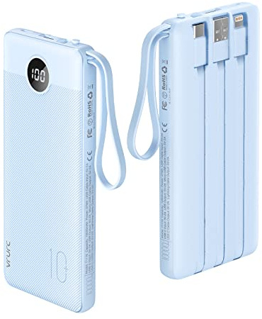 VRURC 10000mAh Power Bank With Built-in 4 Cables, Slim Portable Charger | USB C Battery Pack with 5 Outputs 2 Inputs, Powerbank with LED Display Compatible with iPhone, Samsung, Light Blue(1 Pack)