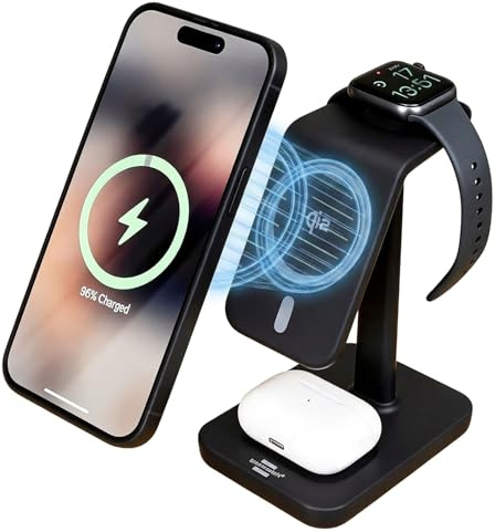 Brennenstuhl 3 in 1 Ladestation (magnetisches Ladepad 15W für Smartphones mit Qi2, Qi2-kompatibel, kompatibel mit MagSafe, 5W Wireless Charger für Kopfhörer, 3W Wireless Charger für Apple Watch)