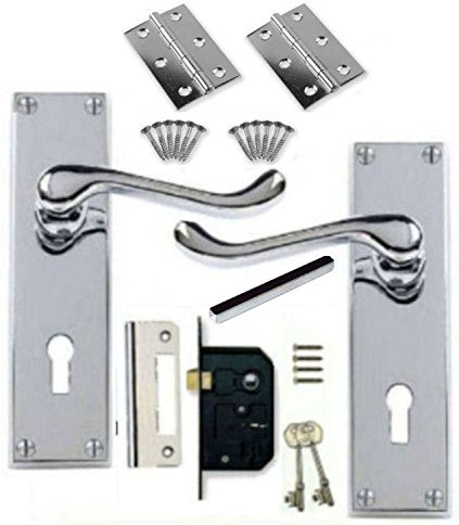 Golden Grace Victorian Scroll Door Handles Lock Pack in Polished Chrome Finish with 2 Lever Lock & Hinges
