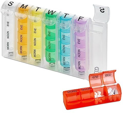 MEDca Wöchentliche Pillendose, Öffnet sich durch Antippen, Einzelne Box und 4 Tägliche Fächer