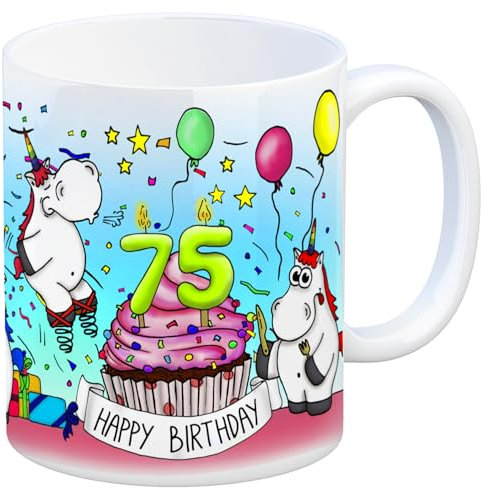 Honeycorns Tasse zum 75. Geburtstag mit Muffin und Einhorn Party Kaffeebecher