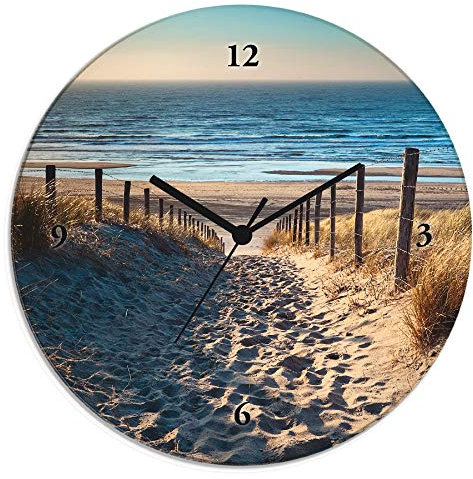 ARTLAND Wanddeko Wanduhr ohne Tickgeräusche Glas Funkuhr Ø 30 cm Rund Lautlos Strand Meer Düne Nordsee Urlaub Natur Maritim T9IP