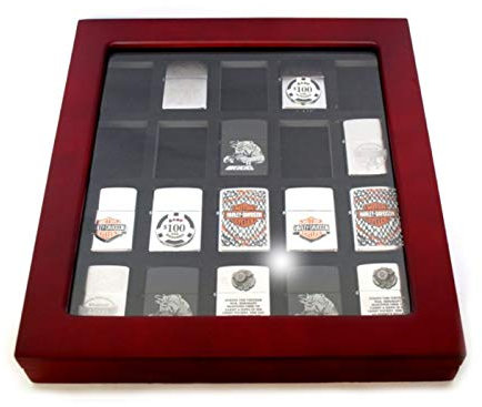 Sammlungsvitrine für 20 Feuerzeuge aus Holz und Glas, schöne Präsentation