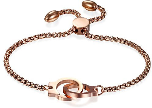 Jewelrywe Bracelet en or rose avec menottes pour femme Acier inoxydable Bracelet réglable Un cadeau original pour Noël, Saint-Valentin Or rose