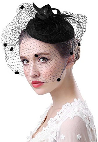 FakeFace Fascinator Hüte 20er 50er Jahre Hut Haar Clip Accessoire Haarreif Kopfbedeckung mit Schleier Cocktail Tea Party Hochzeit Kirche Haarschmuck Kopfschmuck, M, Schwarz
