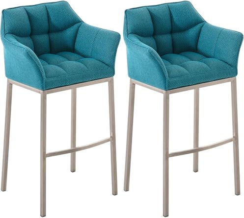 CLP Barhocker 2er Set mit Lehne Damaso, Barstühle gepolstert mit Stoffbezug, Vierfußgestelle aus Metall, Tresenhocker bis 240 kg belastbar, Farbe:türkis, Gestell Farbe:Edelstahl