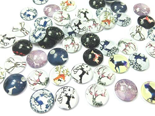 beadsvision 50 Glas Cabochons 12mm Motiv Weihnachten Glascabochons rund flach (Rentier Weihnachten #76)