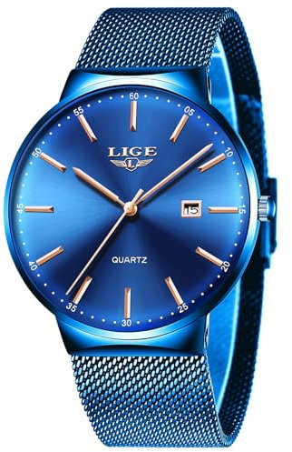 LIGE Uhren Herren Blau, Herrenuhr Analoge Quarz, Roségoldzeiger mit Kalender, Gitterband aus Edelstahl, 3ATM Wasserdicht, Mode Freizeit Outdoor Business, Luxus Armbanduhr Herren