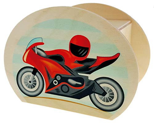 Hess Holzspielzeug 15222 - Spardose aus Holz mit Schlüssel, Motorrad und Verkehrszeichen, handgefertigt, Geschenk zum Führerschein, ca. 11,5 x 8,5 x 6,5 cm groß
