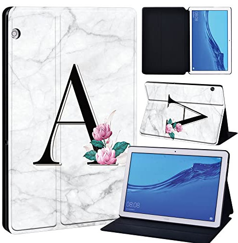 FINDING CASE For Huawei MediaPad T5 10 10.1 Inch Tablet - Printed PU Flip Leather Smart Lightweight Shell Stand Cover Case for MediaPad T5 10 10.1 (MediaPad T5 10 10.1, letter A on white marble)
